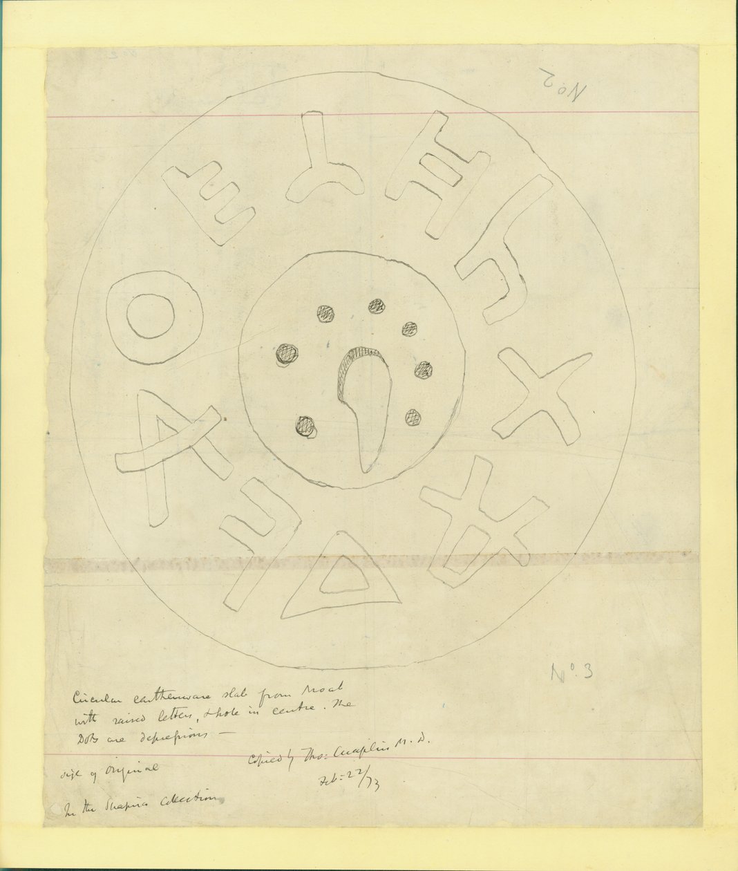 来自Moab的圆形陶器板，来自Shapira的第二次收藏，1873年（纸上写着铅笔） 作者 克劳德·康德