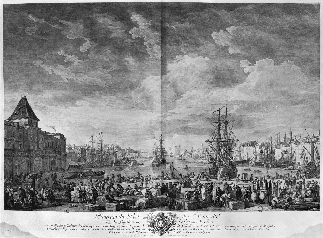 马赛内港，从Horloge du Parc的展馆，“Les Ports de France”系列中看到，由Charles Nicolas Cochin the Younger（1715-90）和Jacques Philippe Le Bas（1707-83）雕刻而成 作者 克劳德·约瑟夫·韦尔内