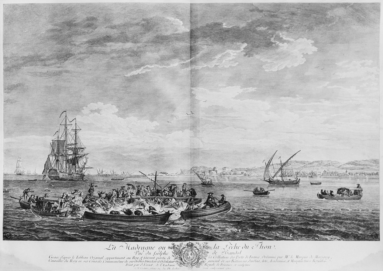 &39;La Madrague&39;或金枪鱼捕捞，Bandol湾的景色，&39;Les Ports de France&39;系列，由Charles Nicolas Cochin the Younger（1715-90）和Jacques Philippe Le Bas（1707-83）1762刻（蚀刻） 作者 克劳德·约瑟夫·韦尔内