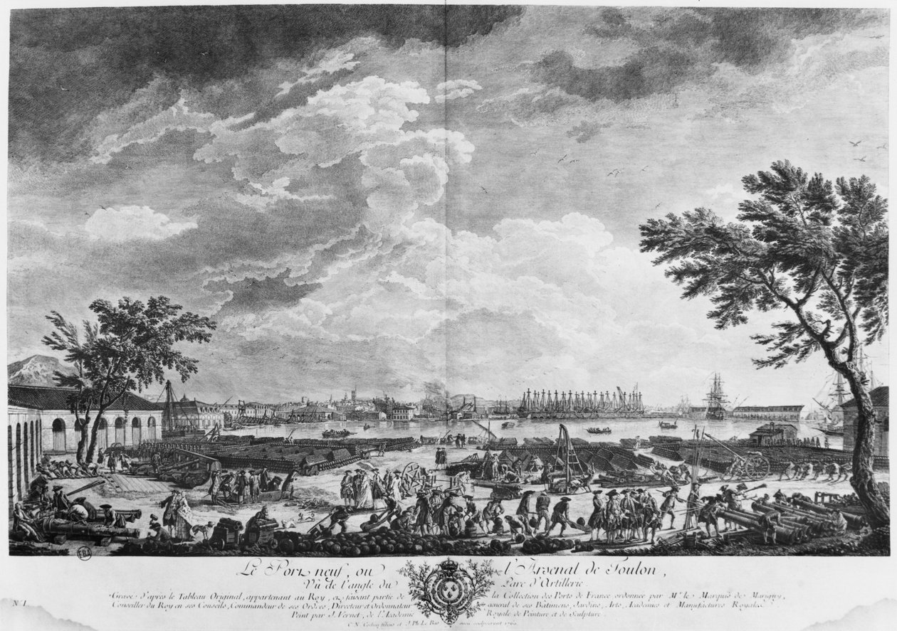 新的港口和土伦阿森纳，从炮兵仓库，“Les Ports de France”系列中看到，由查尔斯·尼古拉斯·科钦（1715-90）和雅克·菲利普·勒巴斯（1707-83）1760（等等）刻。 作者 克劳德·约瑟夫·韦尔内