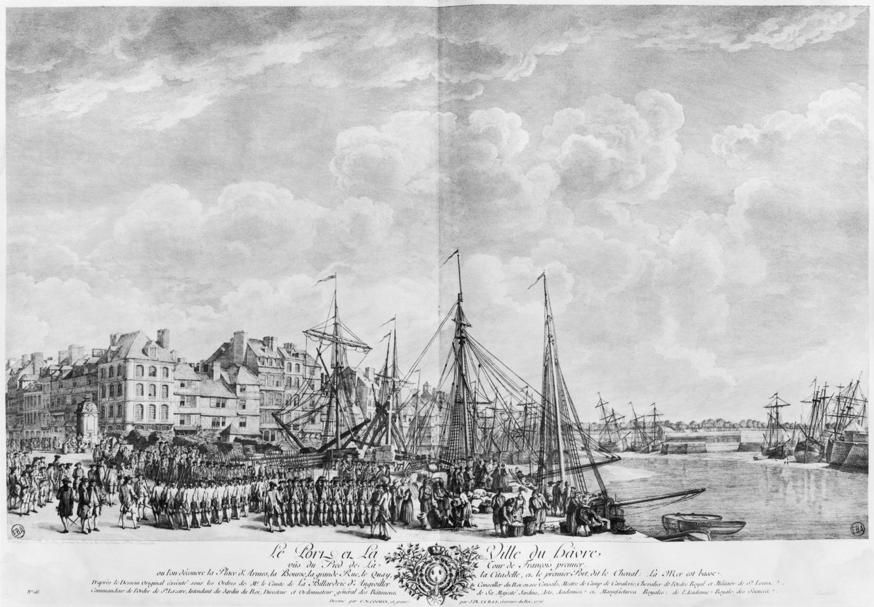 勒阿弗尔的港口和城镇，从弗朗索瓦一世的塔，“Les Ports de France”系列中看到，由查尔斯·尼古拉斯·科钦（1715-90）和雅克·菲利普·勒巴斯（1707-83）1762年刻（蚀刻） 作者 克劳德·约瑟夫·韦尔内