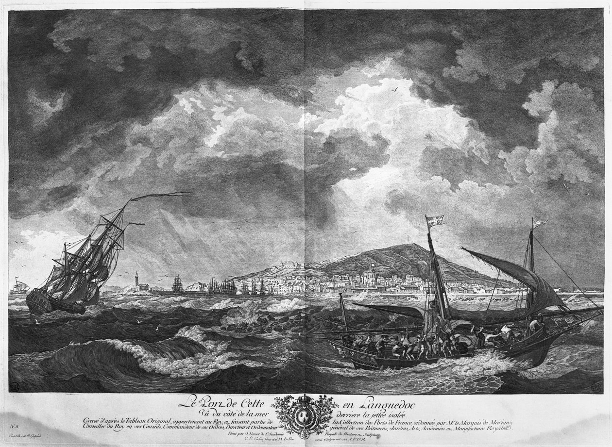 朗格多克的卡特港从孤立的码头后面的海上看到，“Les Ports de France”系列，由Charles Nicolas Cochin the Younger（1715-90）和Jacques Philippe Le Bas（1707- 作者 克劳德·约瑟夫·韦尔内