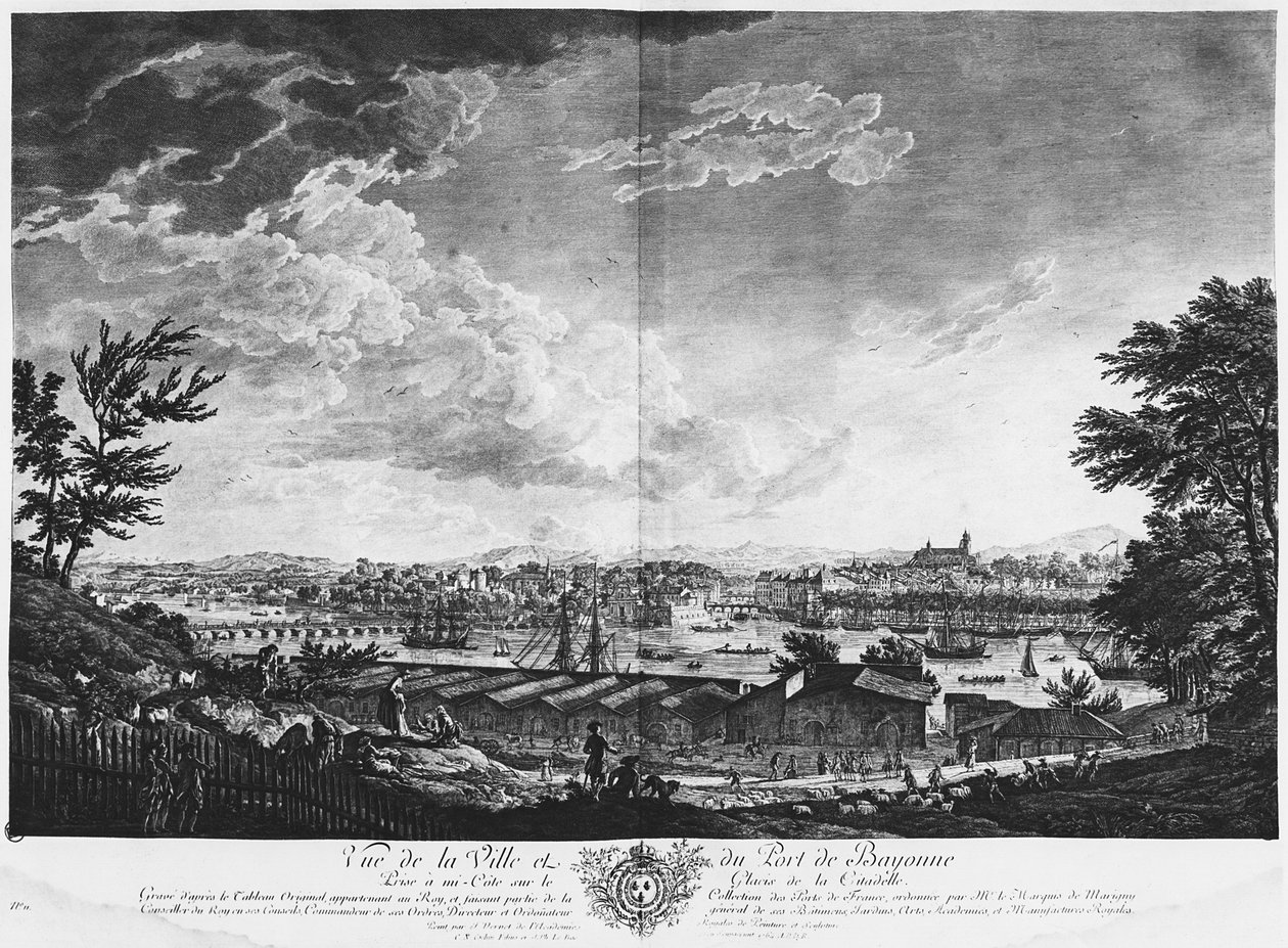 从城堡中途看到的城镇和巴约讷港的景色，由Les Nicolas Cochin the Younger（1715-90）和Jacques Philippe Le Bas（1707-83）雕刻的&39;Les Ports de France&39;系列 作者 克劳德·约瑟夫·韦尔内