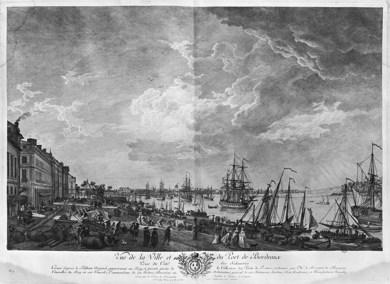 从Salinieres看到的波尔多镇和波尔多港的景色，由Les Nicolas Cochin the Younger（1715-90）和Jacques Philippe Le Bas（1707-83）1762（以及 作者 克劳德·约瑟夫·韦尔内