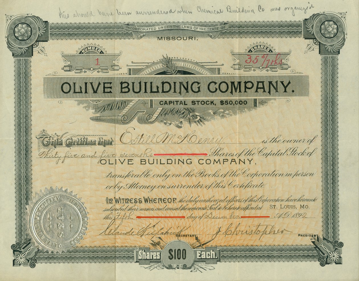 橄榄街建筑公司股票证书颁发给Estill M. Henry，1892年12月5日 作者 克劳德·柯克帕特里克（Claude Kirkpatrick）