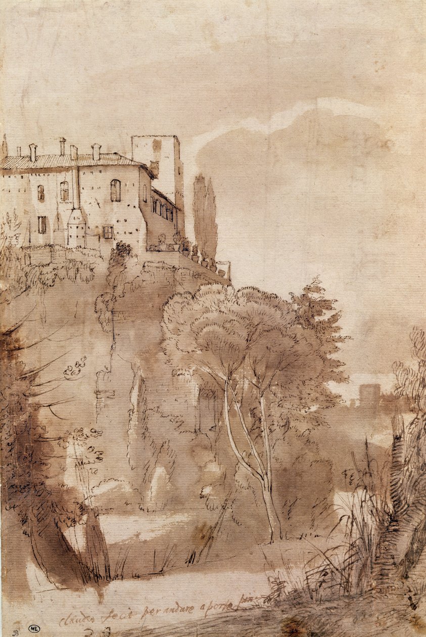 罗马城墙外的一条道路，c.1627-30（笔和纸上的水墨） 作者 克劳德·洛兰
