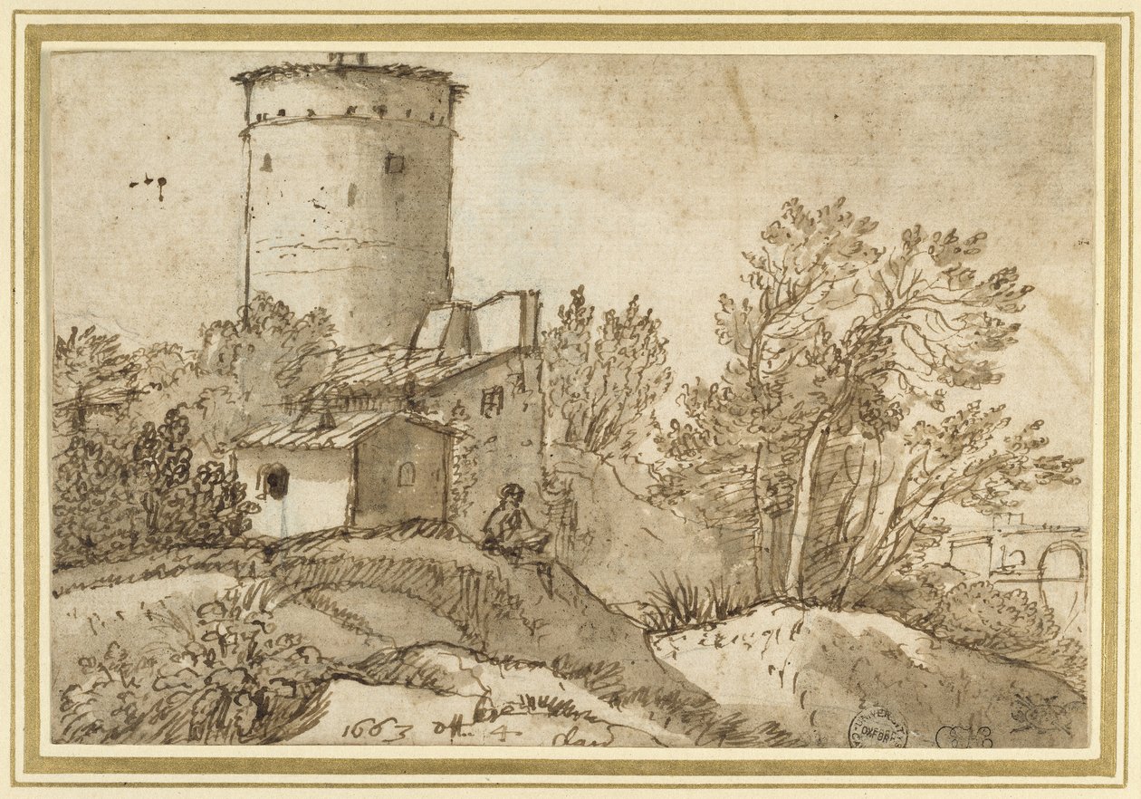 1663年台伯河农场建筑（黑色粉笔，笔和棕色墨水，灰白色纸上的棕色水洗） 作者 克劳德·洛兰