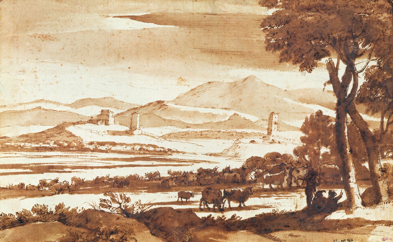 罗马乡村景观，1643年（纸和笔在纸上洗） 作者 克劳德·洛兰