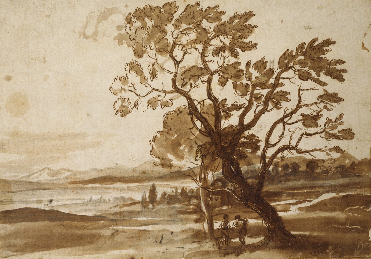 景观与两棵树，c.1638（黑色粉笔用笔和棕色墨水和棕色洗白纸） 作者 克劳德·洛兰