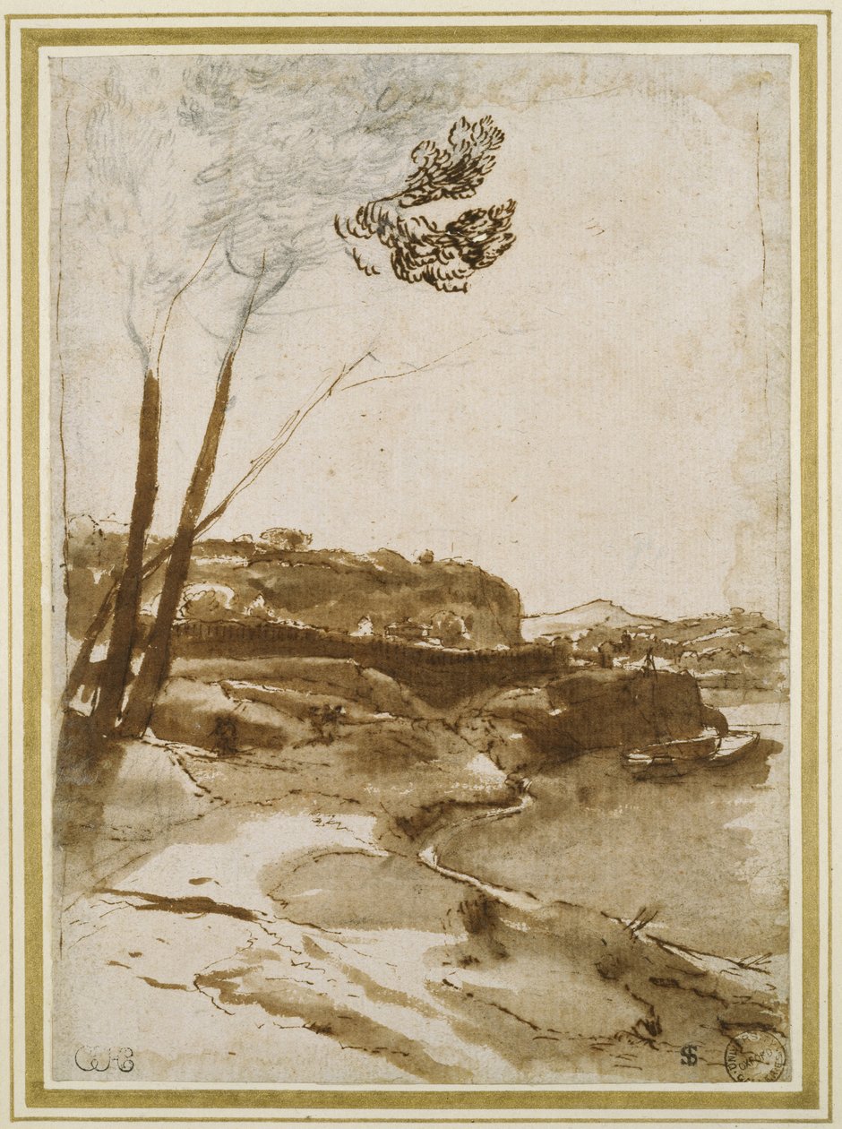 沿着台伯河的路径，c.1635-40（黑色粉笔用笔和棕色墨水和白纸上的棕色水洗） 作者 克劳德·洛兰