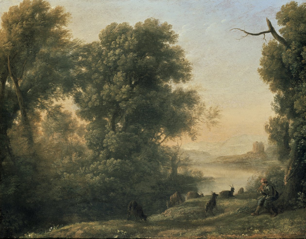 与Goatherd管道的河风景，17世纪 作者 克劳德·洛兰