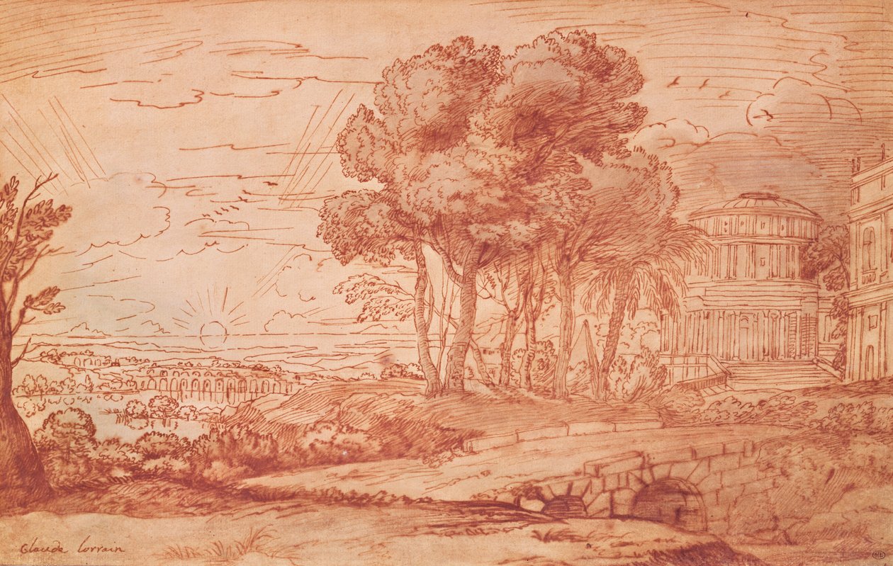 提洛岛上的阿波罗神庙，c.1648（笔，洗和墨水） 作者 克劳德·洛兰
