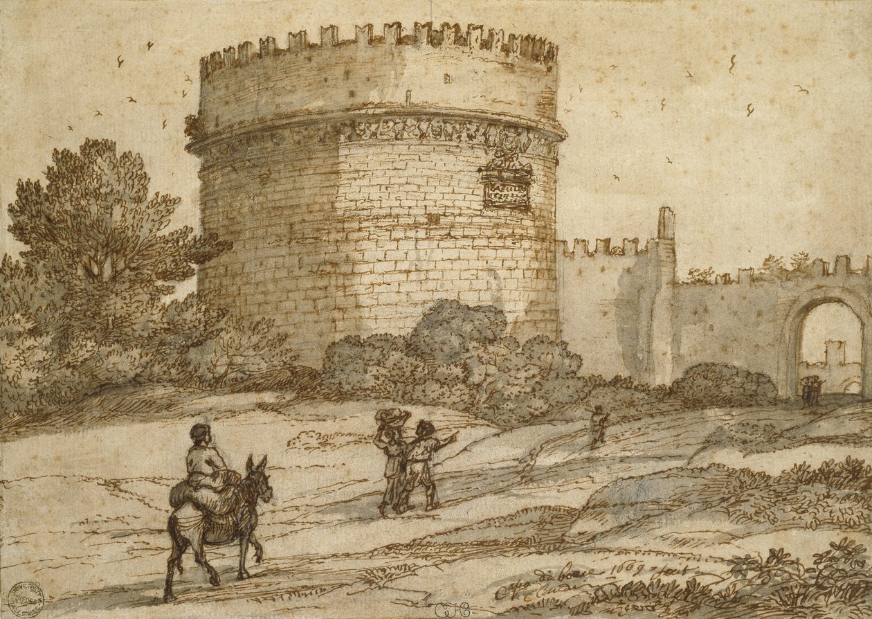 Cecilia Metella墓，1669年（黑色粉笔，笔和棕色墨水，灰色棕色洗涤在精细表面的灰白色纸上） 作者 克劳德·洛兰