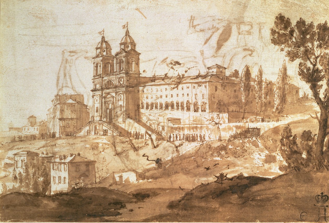 观看S. Trinita dei Monti教堂，罗马，c.1632（钢笔和墨水与棕色洗） 作者 克劳德·洛兰