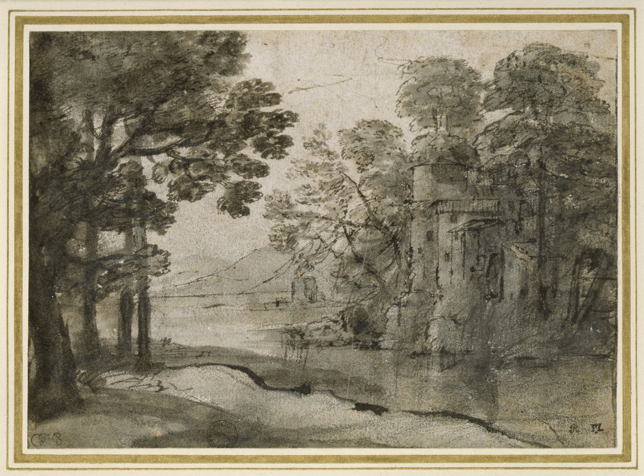 树木之间的水车，c.1635-38（笔和黑色墨水与灰色洗白色纸上的黑色粉笔） 作者 克劳德·洛兰