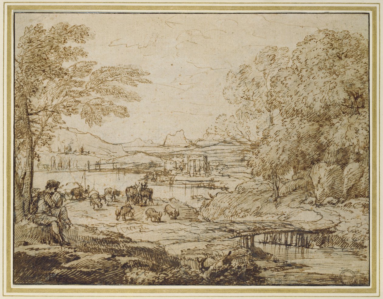 青少年在田园风景中玩管道，1640年代（黑色粉笔用笔和棕色墨水，浅棕色洗在浅米色纸上） 作者 克劳德·洛兰