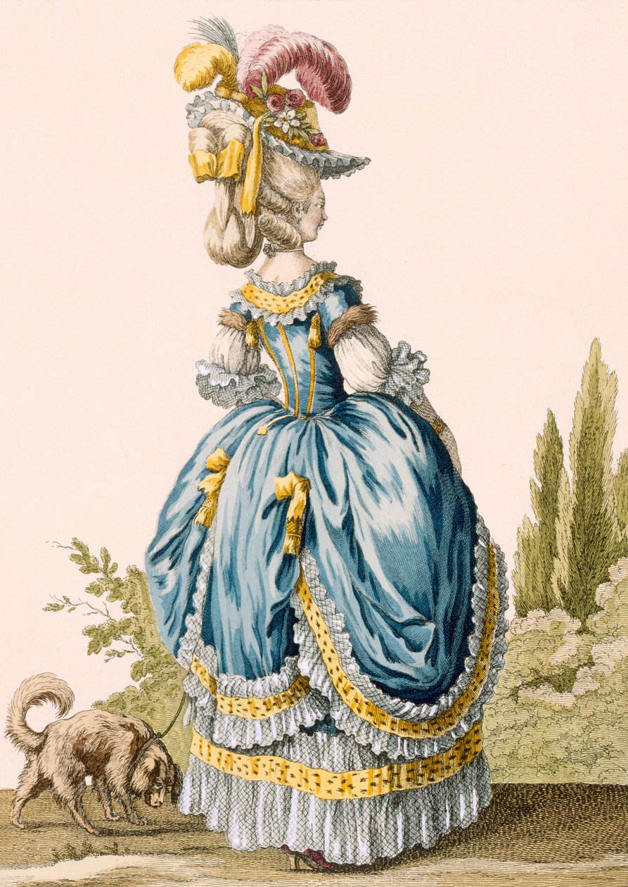 后视图一件女士的礼服，由Voysard雕刻而成，来自&39;Galeries des Modes et Costumes Francais&39;的第8号板，c.1778-87 作者 克劳德·路易·德斯赖斯