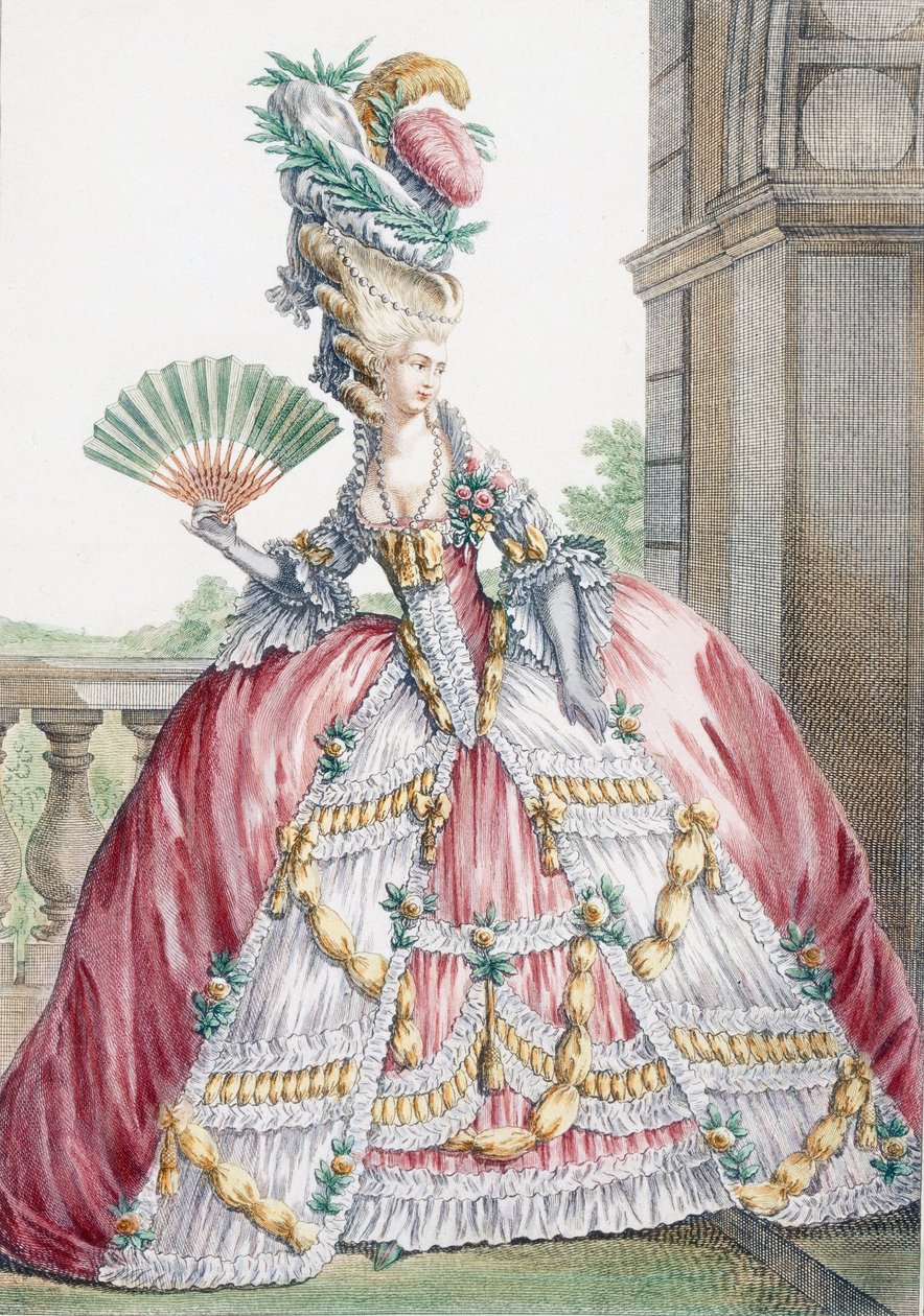 由法国时装和服饰画廊拍摄的Voysard雕刻的大法国连衣裙，c.1778-87 作者 克劳德·路易·德斯赖斯