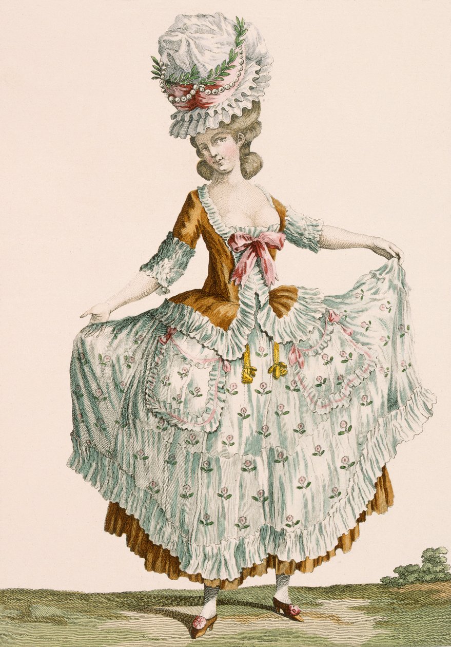 女式晚礼服，由Voysard雕刻，第64号版画自&39;Galeries des Modes et Costumes Francais&39;，c.1778-87 作者 克劳德·路易·德斯赖斯