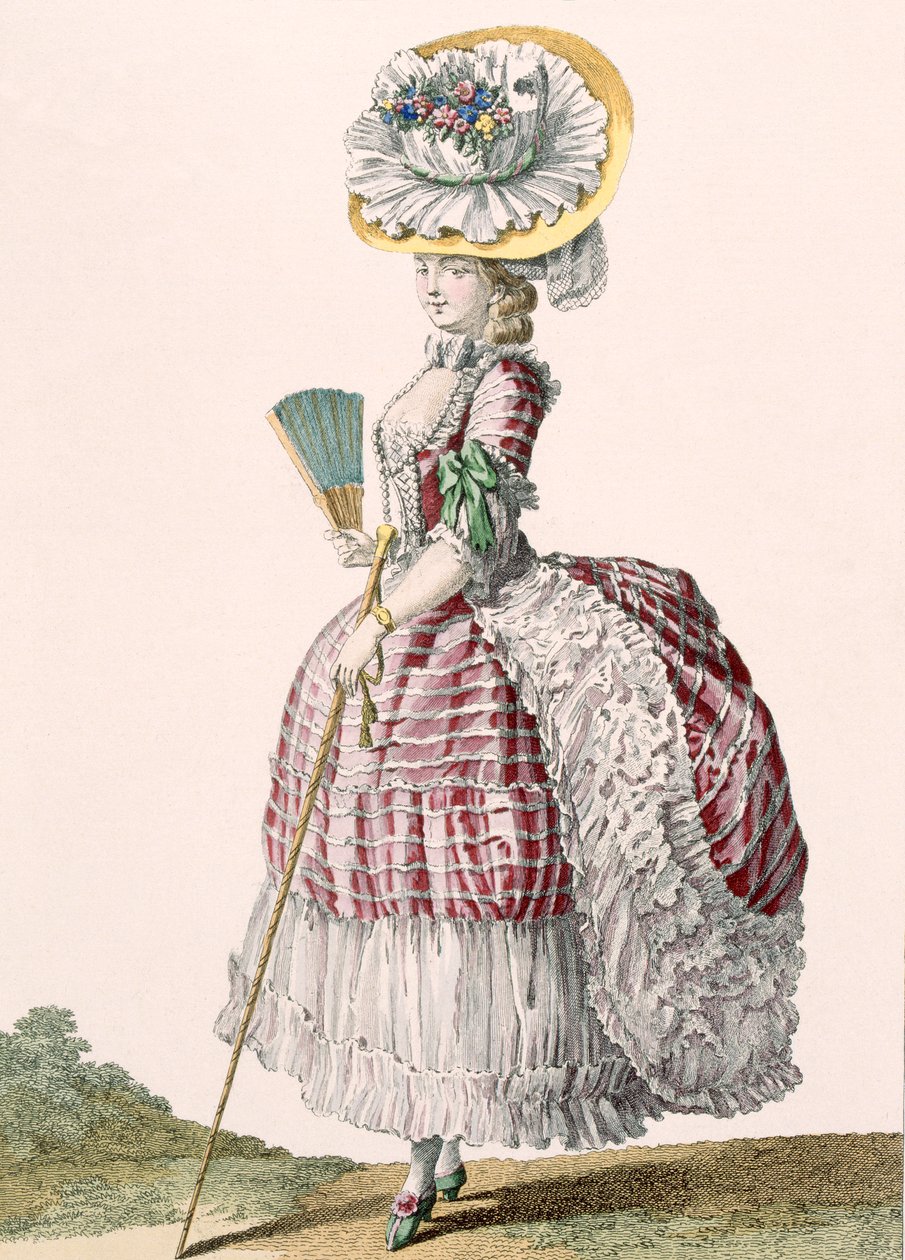 女士身着Polonaise风格的连衣裙，由Dupin拍摄，第8号板块来自&39;Galeries des Modes et Costumes Francais&39;，c.1778-87 作者 克劳德·路易·德斯赖斯