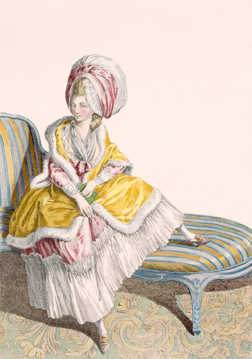 穿着柠檬和粉红色的早礼服的女士，由Dupin拍摄，来自&39;Galeries des Modes et Costumes Francais&39;的第55号板，c.1778-87 作者 克劳德·路易·德斯赖斯