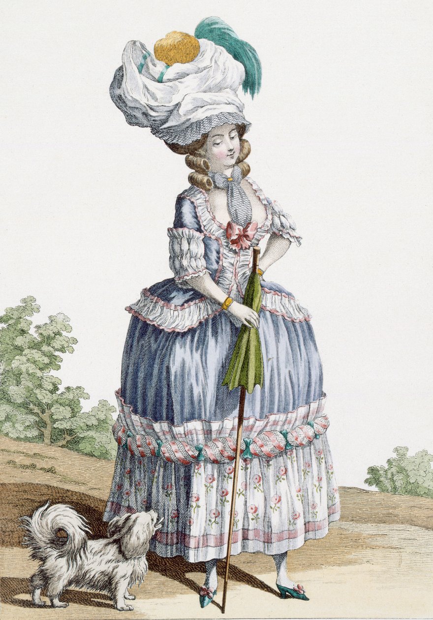 女士遛狗，由Voysard雕刻，第28号牌照来自&39;Galeries des Modes et Costumes Francais&39;，c.1778-87 99：衣服;传统服饰;传统服饰;时尚; ILLU 作者 克劳德·路易·德斯赖斯