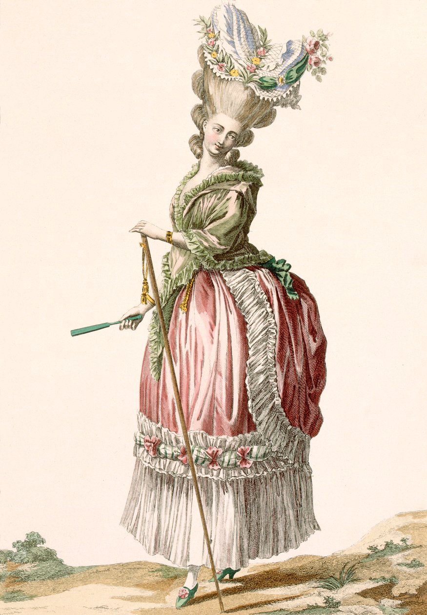 普罗维登风格女士的步行礼服，由Dupin雕刻而成，来自&39;Galeries des Modes et Costumes Francais&39;的第17号板，c.1778-87 作者 克劳德·路易·德斯赖斯