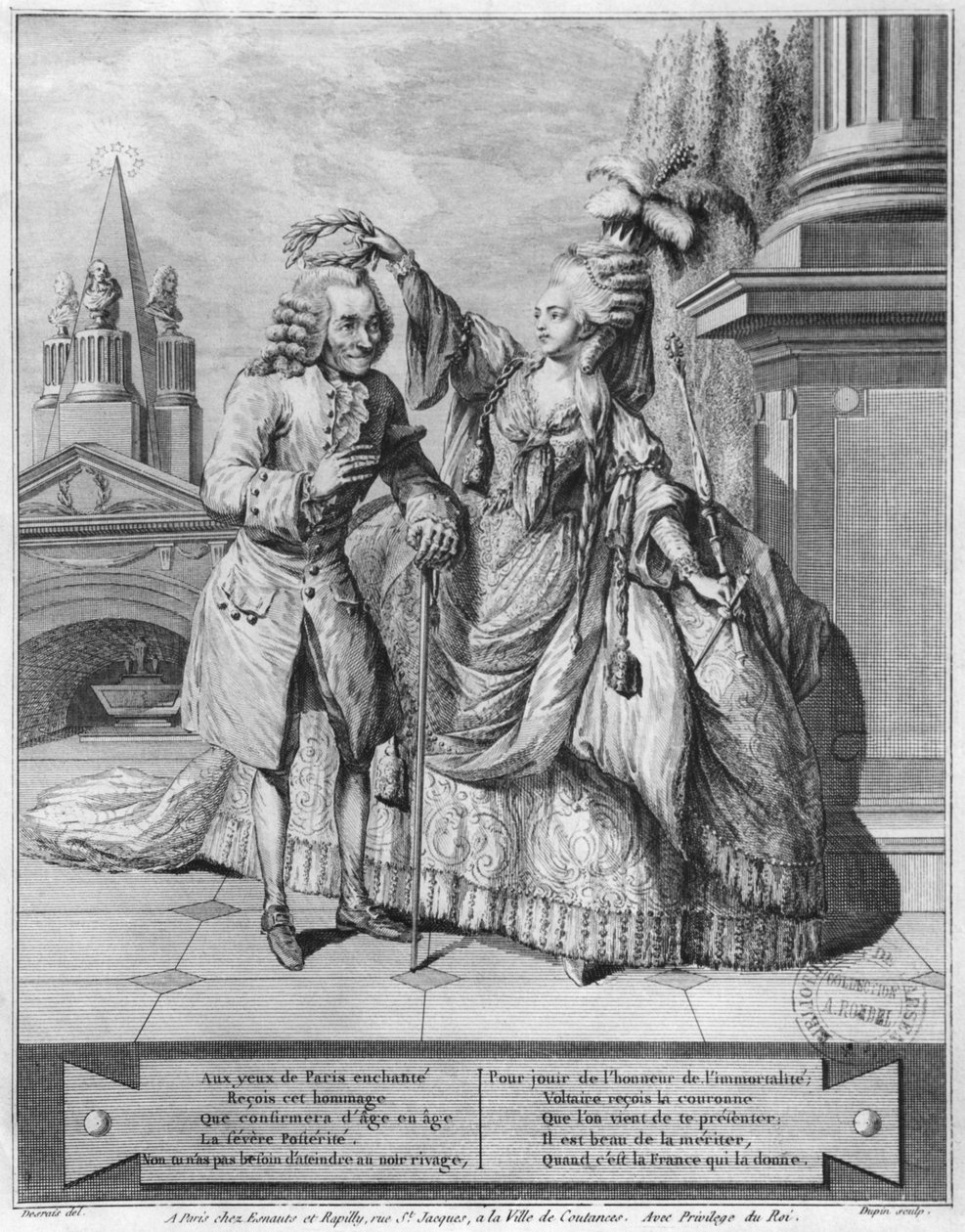 Voltaire由Mademoiselle Clairon加冕，由Jean Victor（17.18）于1791年刻 作者 克劳德·路易·德斯赖斯
