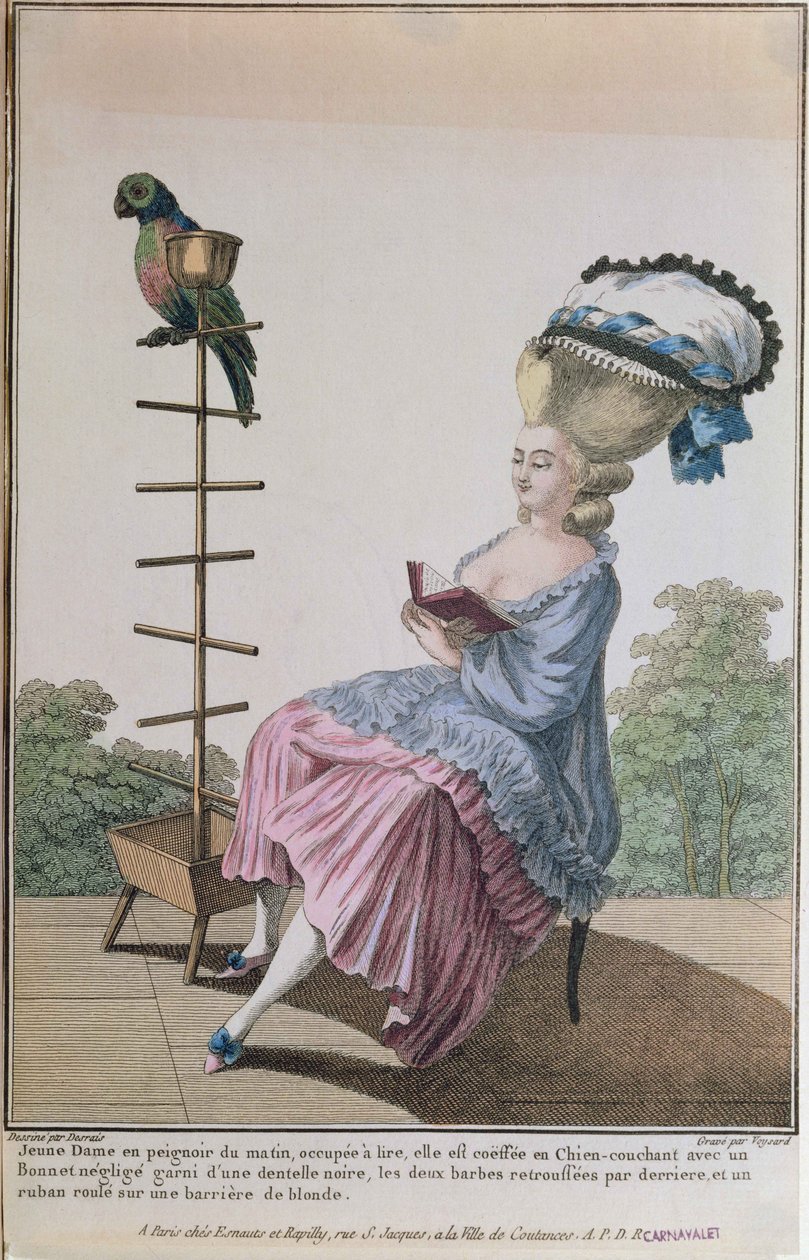 年轻女子在一天穿着精致的发型和帽子，从&39;Galerie des Modes et Costumes Francais&39;板20，由Etienne Claude Voysard（1746-1812）雕刻1778 作者 克劳德·路易·德斯赖斯