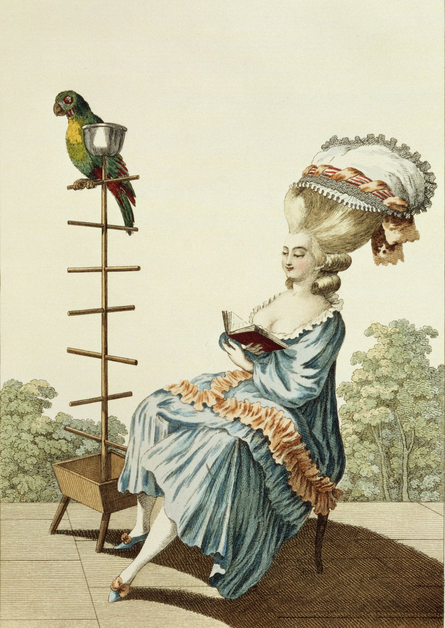 年轻女子在一天穿着精致的发型和帽子，从&39;Galerie des Modes et Costumes Francais&39;板20，由Etienne Claude Voysard（1746-1812）雕刻1778 作者 克劳德·路易·德斯赖斯