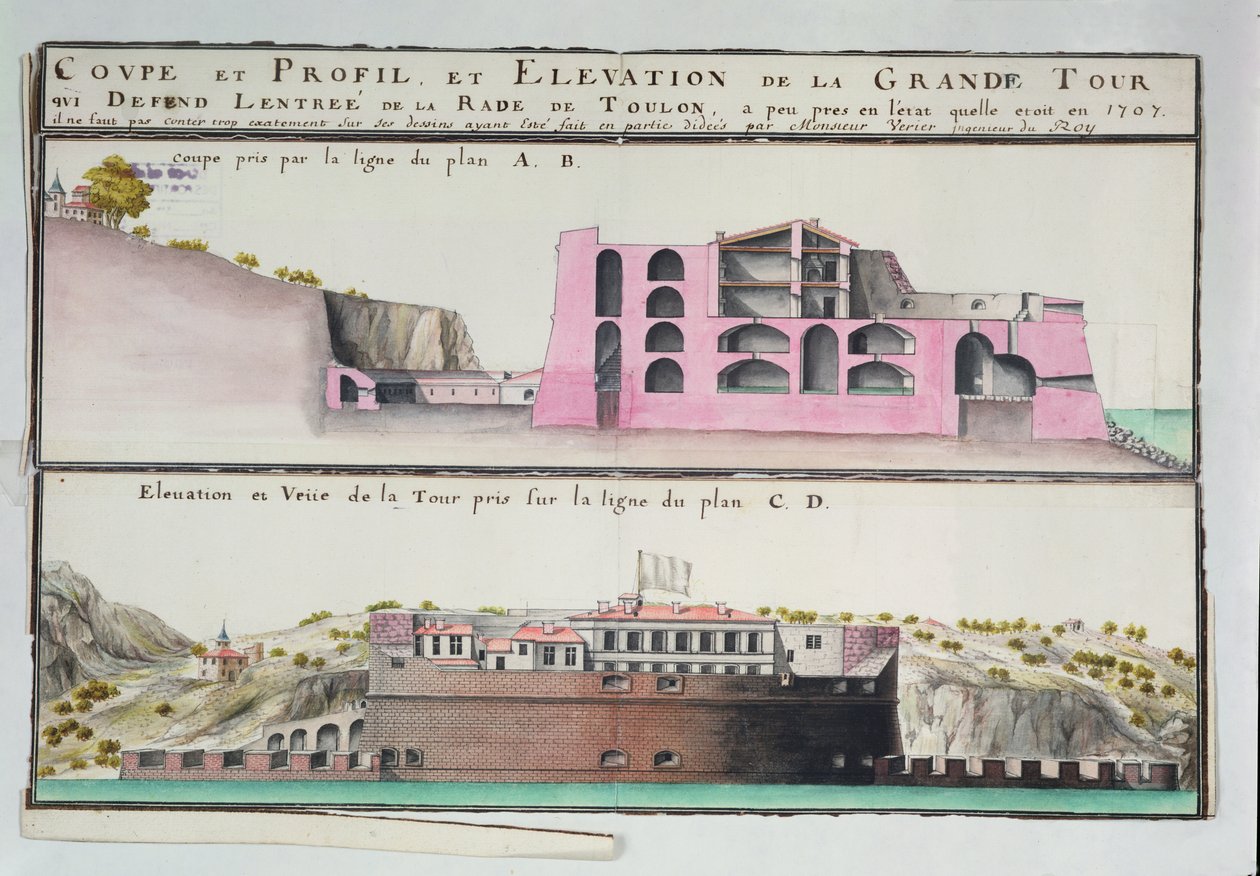 508131 K fol.107 Toulon港口塔的横断面和立面，来自&39;Traite de Fortifications&39;（笔墨和纸上的纸） 作者 克劳德·马斯