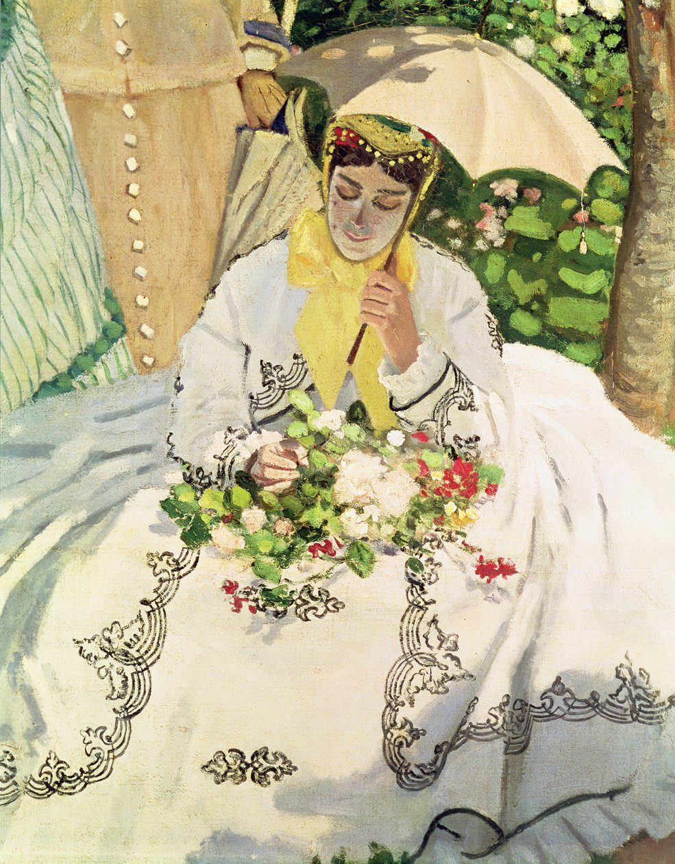 Femmes au jardin携带遮阳伞，c.1866油在画布上的坐着的年轻女子的细节 作者 克劳德·莫奈