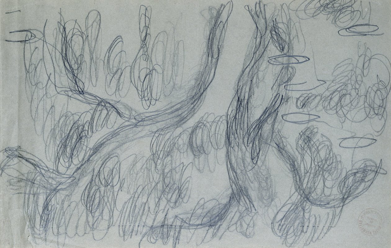 柳树的反射，c.1918（蓝灰色纸上的黑色蜡笔） 作者 克劳德·莫奈