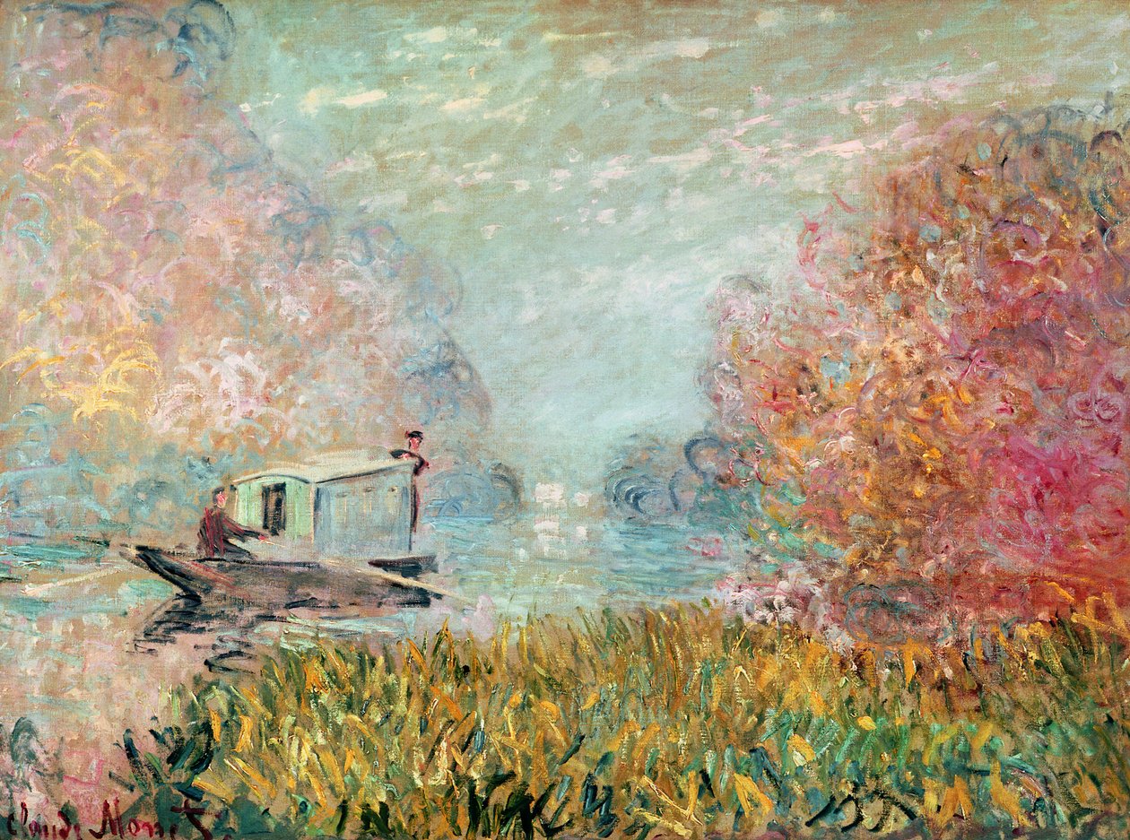 塞纳河上的船上工作室，1875年 作者 克劳德·莫奈