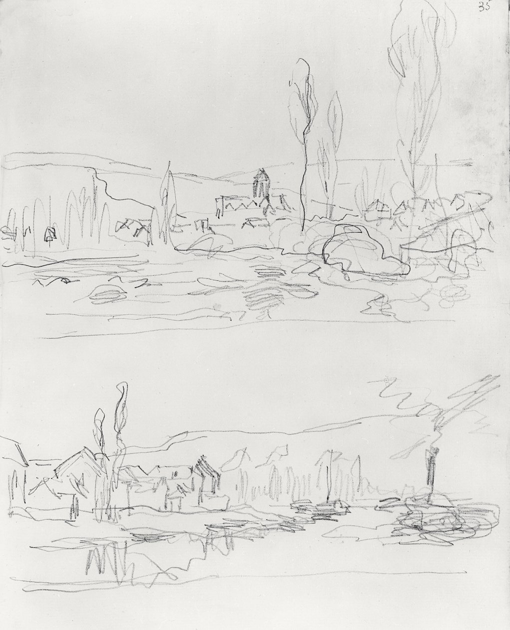 两幅素描：来自L&39;Ile St-Martin的Vetheuil和Lavacourt之前的塞纳河上的拖船，1886年之前 作者 克劳德·莫奈