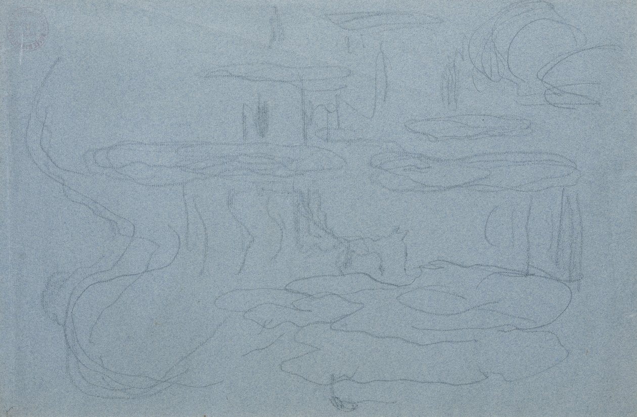 睡莲，c.1918（蓝色蜡笔纸上的黑色蜡笔） 作者 克劳德·莫奈