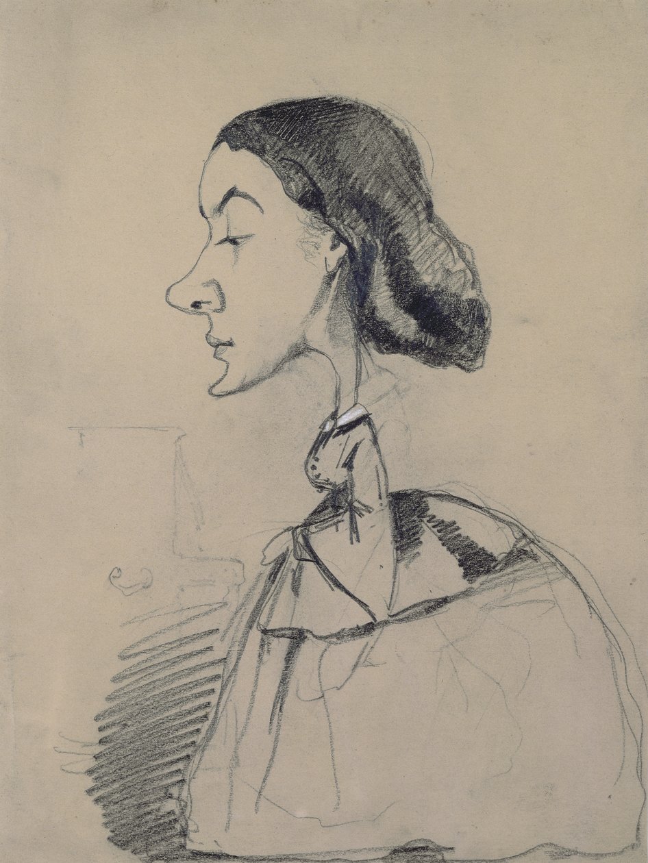 钢琴的年轻女子，1855-60（黑色蜡笔在纸上用白色蜡笔加高） 作者 克劳德·莫奈