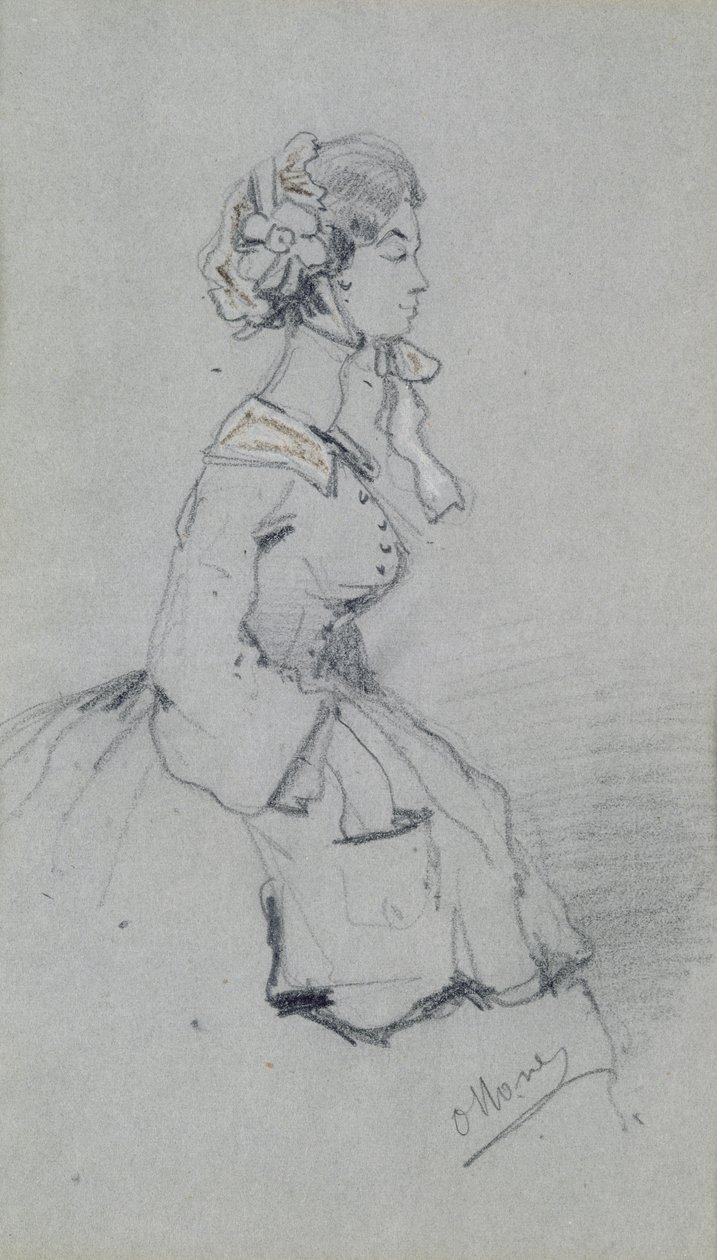 一条丝带的年轻女子，1857年（木炭和蜡笔在纸上） 作者 克劳德·莫奈