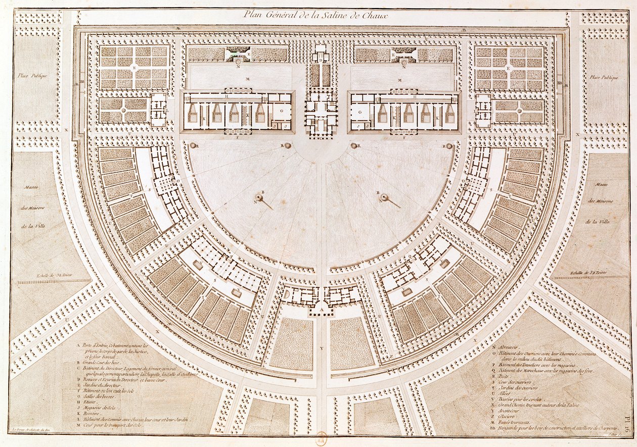盐的总体规划在Chaux的“理想城市”工作，由Louis Sellier（b.1757）雕刻 作者 克劳德·尼古拉斯·勒杜