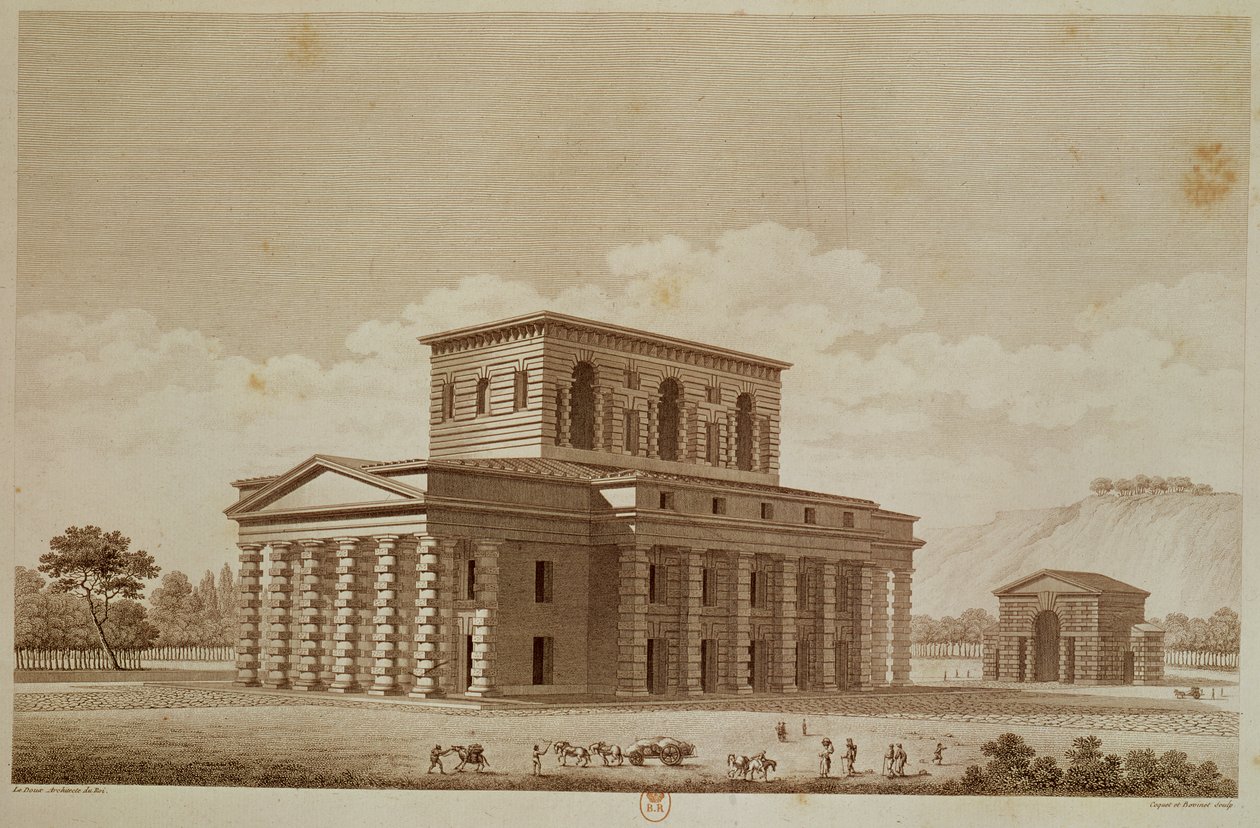 盐的主任的房子的透视图在Chaux的“理想城市”工作，由Louis Sellier（b.1757）和Coquet，c.1801雕刻 作者 克劳德·尼古拉斯·勒杜