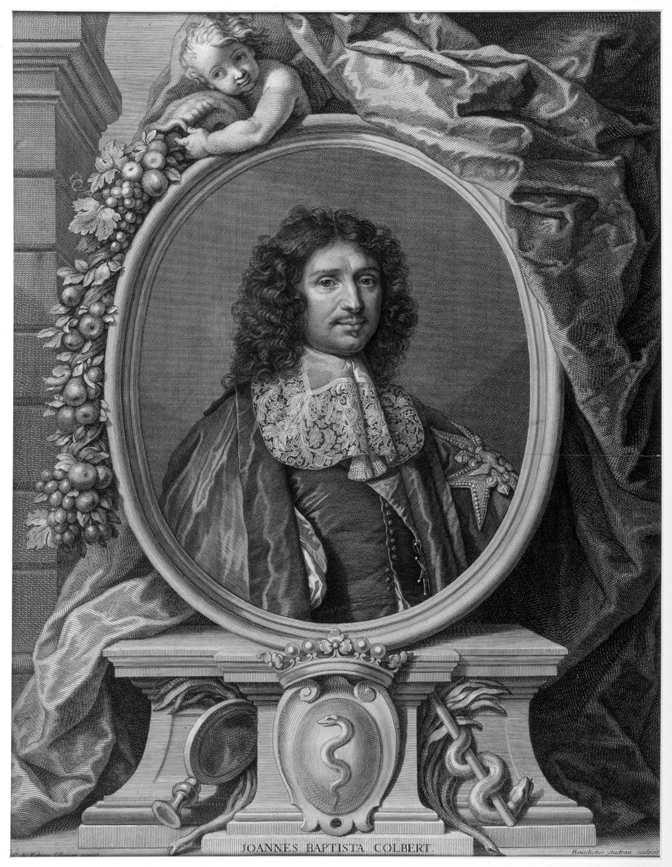 让-巴蒂斯特（Jean-Baptiste）-科尔贝尔（1619-1683）的肖像，由伯努瓦一世-奥德兰（Benoît I Audran）根据克劳德-勒费弗尔的作品绘制，1709年的版画。 作者 克劳德（后）勒费弗尔