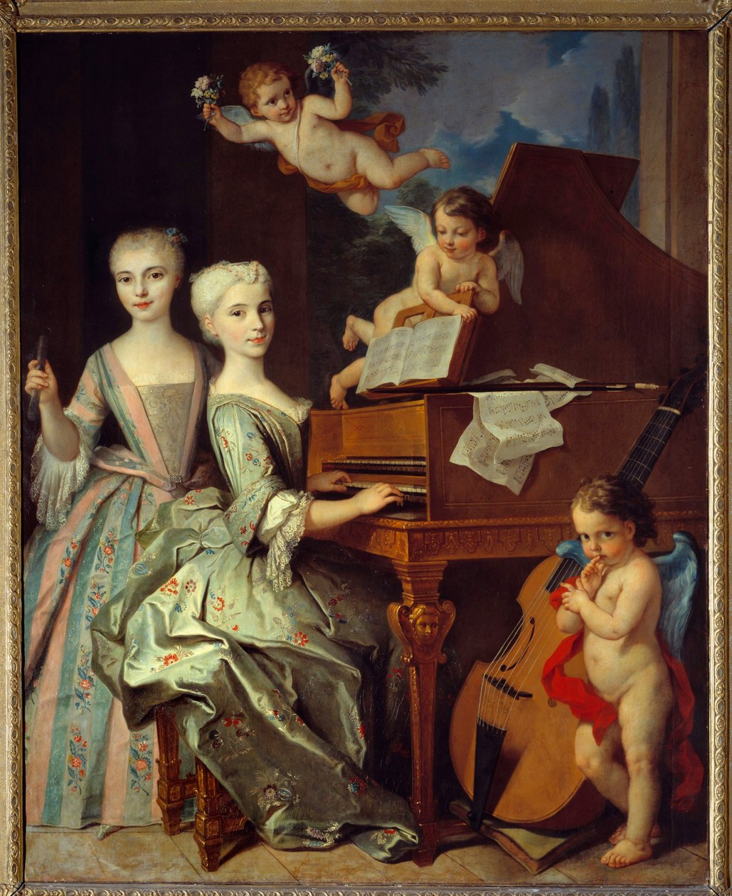 阿德莱德·德·盖丹 (Adelaide de Gueidan) 和他的大键琴妹妹：阿德莱德 (1725-1786) 和她的妹妹凯瑟琳 (1726-1759) 是普罗旺斯大家族的成员。 他们周围都是音乐天使。 1735-1740。 克劳德·阿努尔菲 (1697-1786) 的画布油画。 博物馆 作者 克劳德·阿努菲