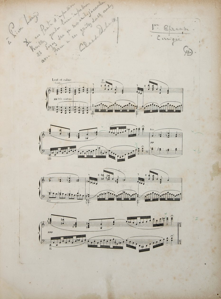 第一张经修正的“ La damoiselle elue”的证据页，约1887-88年 作者 克劳德·德彪西