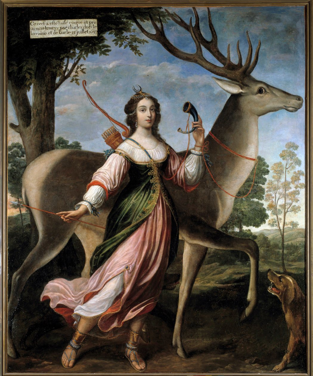 Marie de Rohan 的肖像 - Montbazon，Luynes 公爵夫人，然后是 Chevreuse (1600-1679) 这位年轻女子被描绘成猎人黛安，带着一只鹿。 绘画归功于 Claude Deruet (1588-1662) 1627 Sun。 2,4x1,95 m 作者 克劳德·德鲁埃