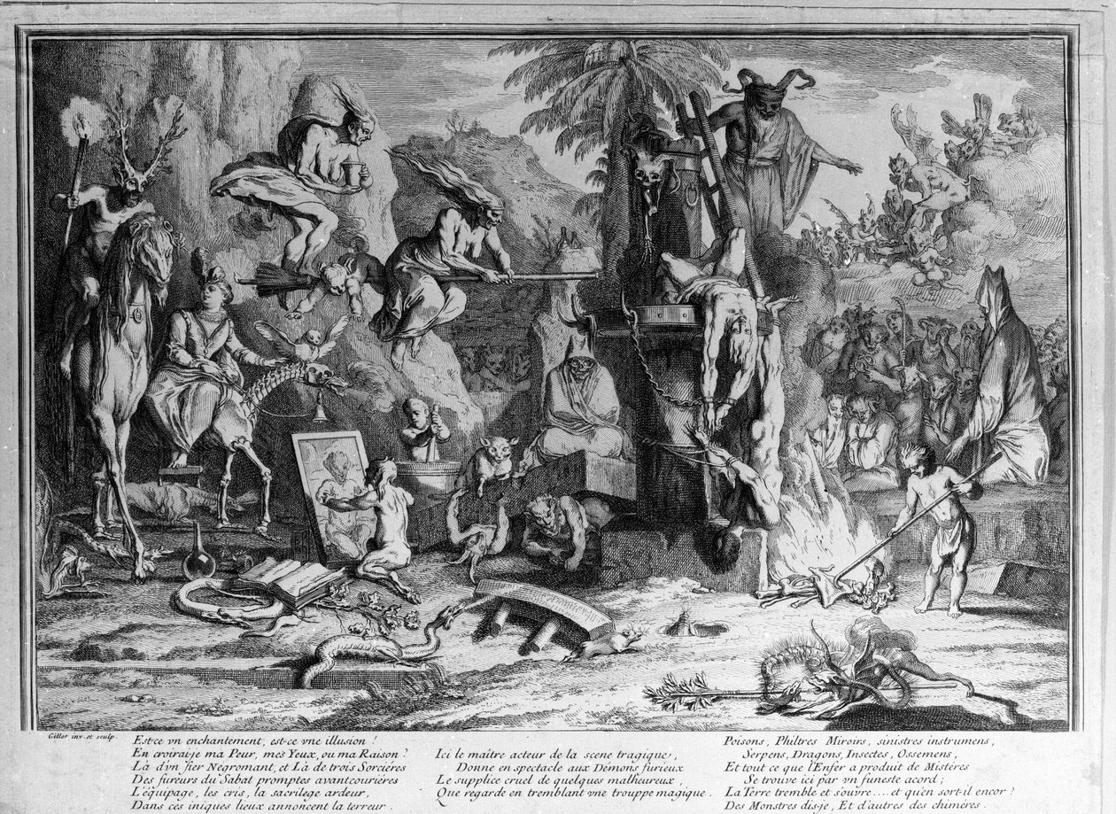 Sabbath ceremonies, demons, witches and monstrous creatures dancing. Engraving by Gillot 作者 克劳德·吉洛特