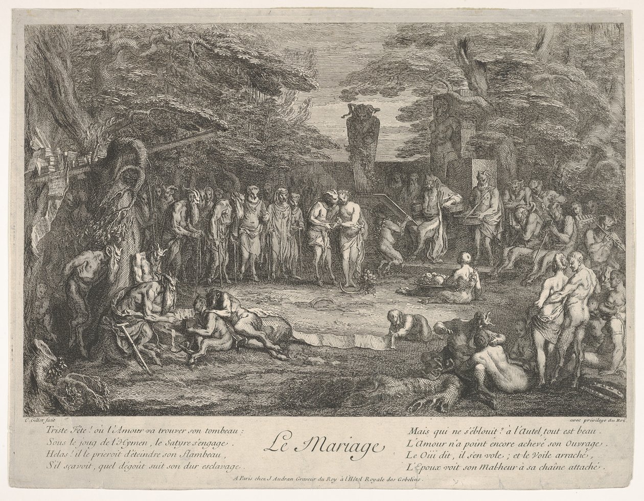 The Marriage Le Mariage：在森林中，一个古老的色狼与已婚的订婚者结婚。 1700-1720。 作者 克劳德·吉洛特