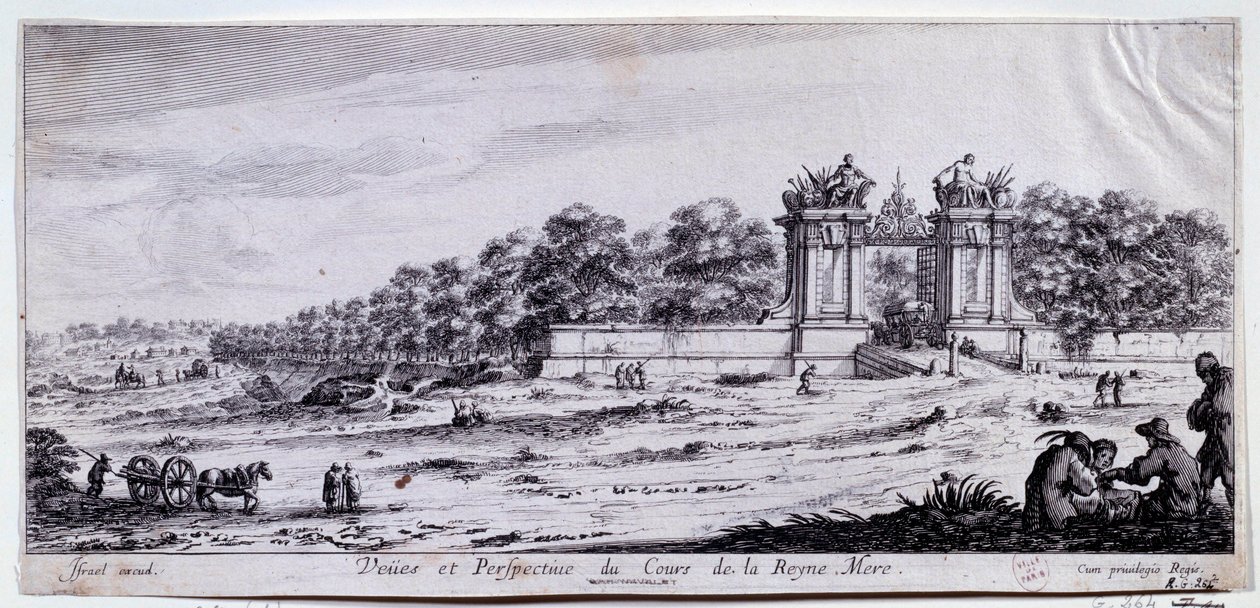 Cours de la Reine Mere 的景色和透视这条步道是由 Marie de Medicis 于 1616 年在巴黎阿尔玛广场附近创建的。 Claude Goyrand (1620-1662) 绘画，17 世纪巴黎，卡纳瓦莱博物馆 作者 克劳德·戈兰德