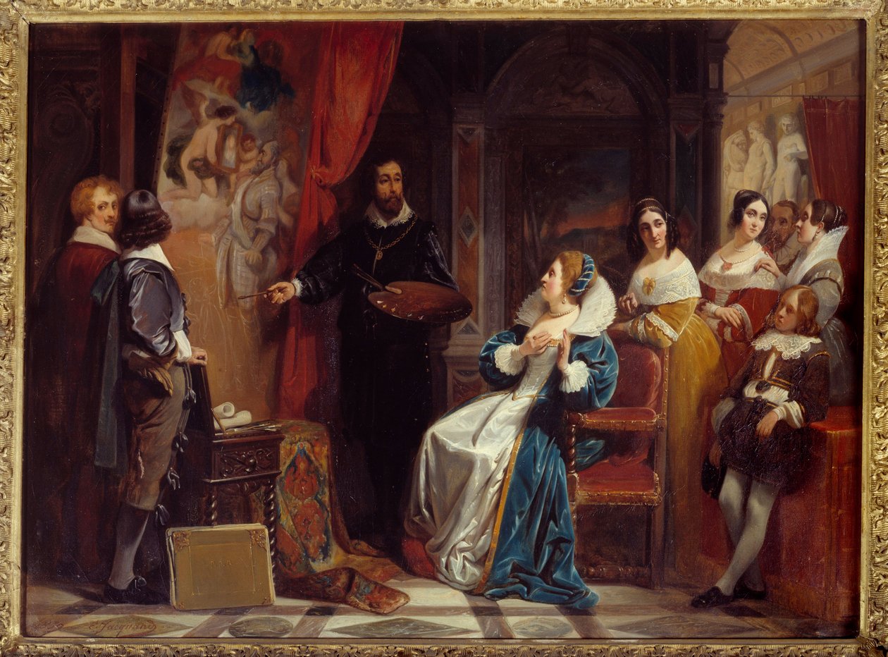 法国王后玛丽·德·美第奇 (1573-1642) 参观画家皮埃尔·保罗 (Pierre-Paul) Rubens (或 Peter Paul 或 Petrus Paulus) (1577-1640) 的作坊。 Claudius Jacquand (1804-1878) 的绘画 作者 克劳德·杰奎德（Claude Jacquand）