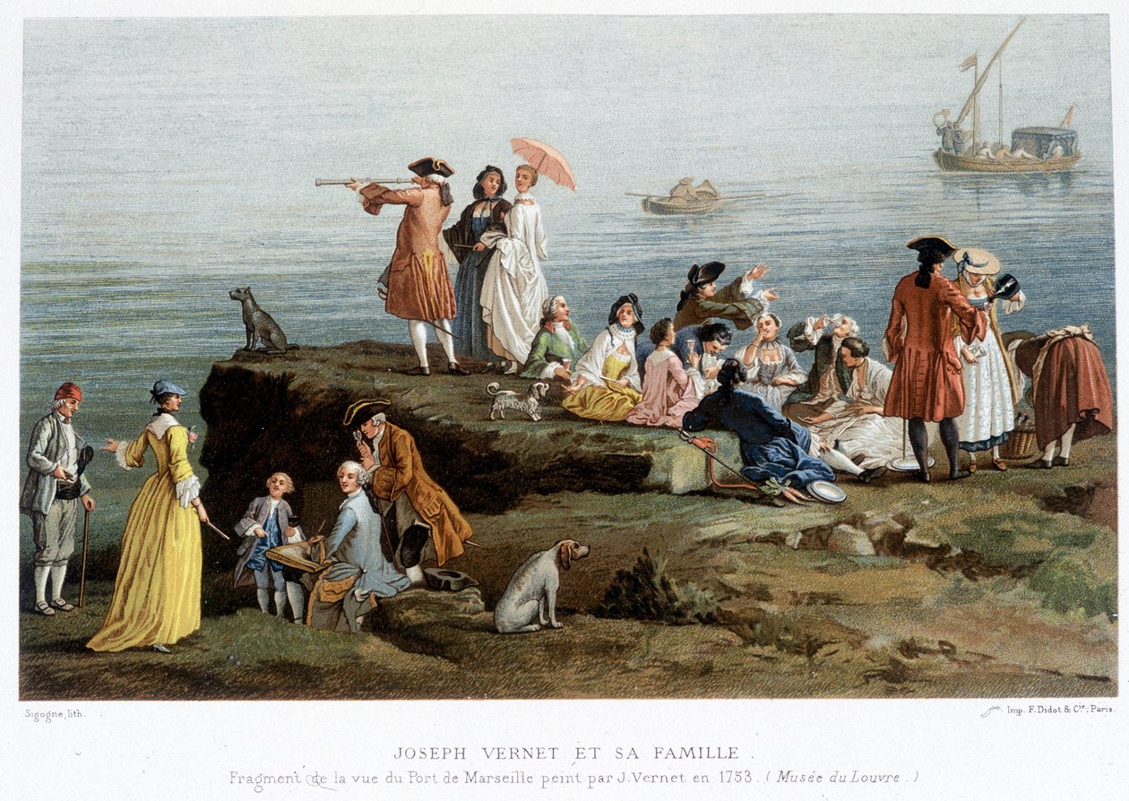 Joseph Vernet 和他的家人 - 19 世纪的复制品。 Vernet 于 1753 年绘制的马赛港景色的片段（卢浮宫博物馆） 作者 克洛德·约瑟夫（后）韦尔内（Vernet）