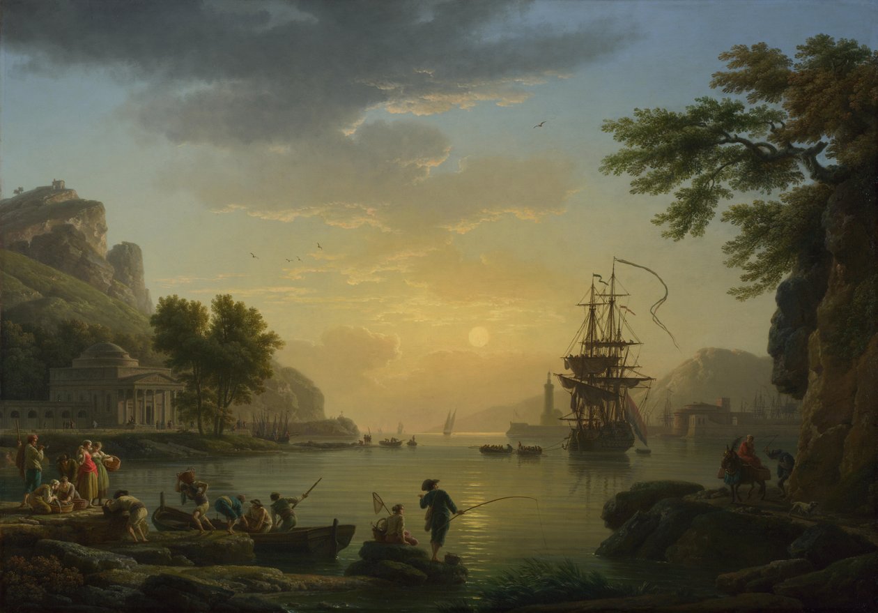 日落时分的风景，渔民带着渔获物返回，1773年 作者 克劳德·约瑟夫·韦尔内
